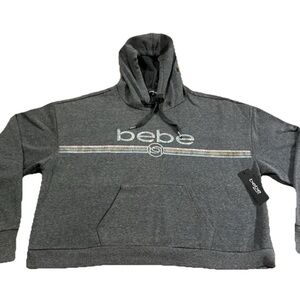 BEBE Gray Rainbow Sequin Logo Crop Plus Size Pullover Hoodie NWT 3XL Extra Large